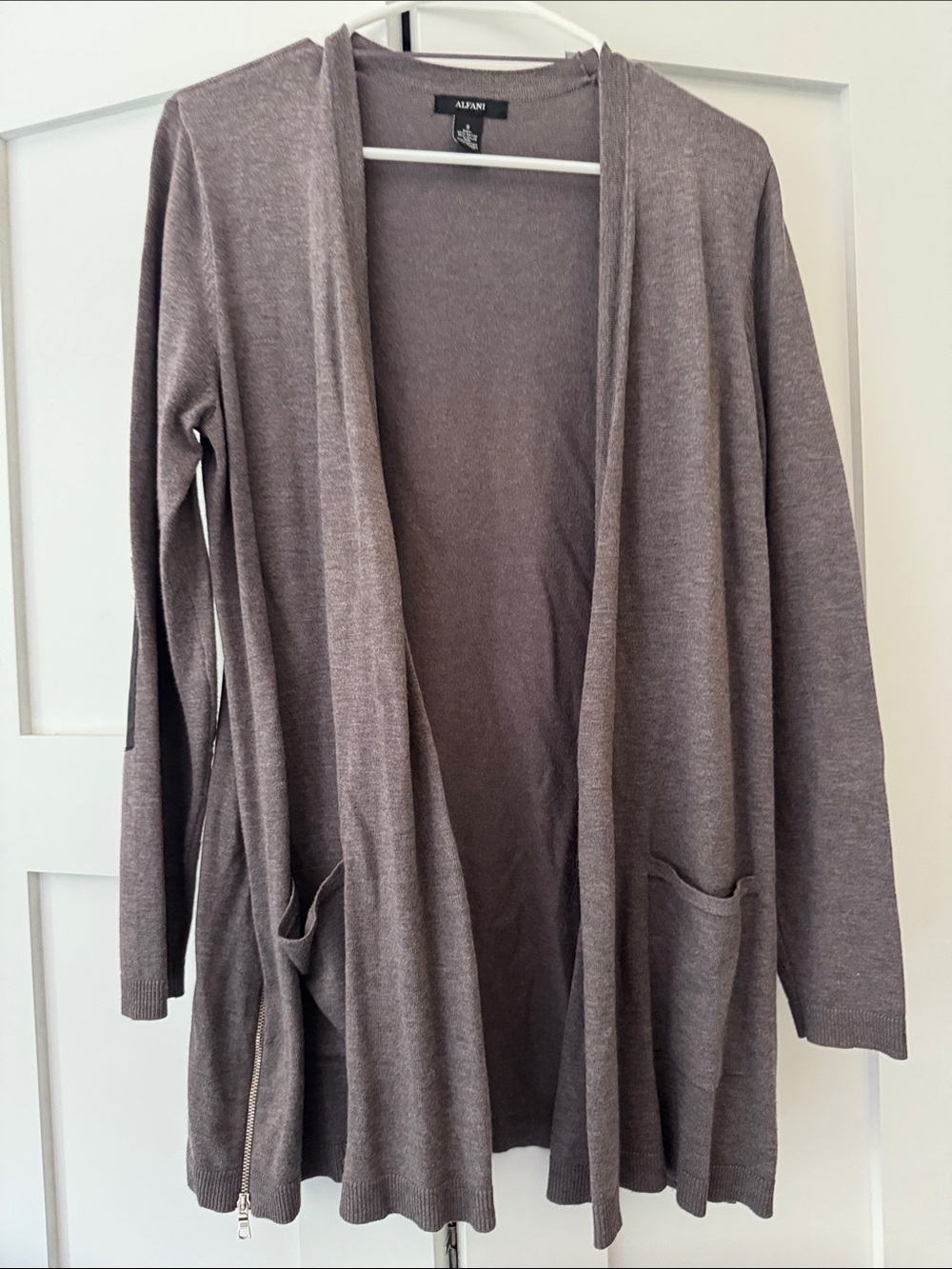 Alfani Open-Front Long Cardigan Sweater - Taupe, with Black elbow patch’s